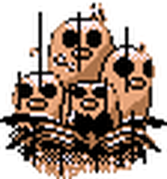 A horrifying glitched Dugtrio with soulless black eyes and a gaping mouth at the bottom.